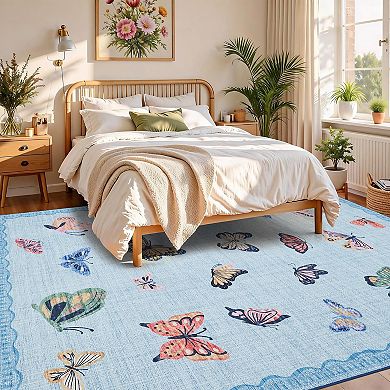 Butterfly Area Rug Washable Thin Low Pile Accent Carpet Modern Foldable Rugs for Bedroom Nursery