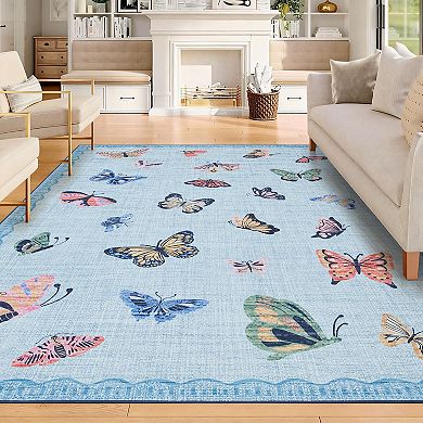 Butterfly Area Rug Washable Thin Low Pile Accent Carpet Modern Foldable Rugs for Bedroom Nursery