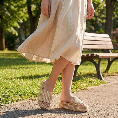Women Raffia Espadrille Slides Woven Straw Flatform Beach Slip On Summer Shoes