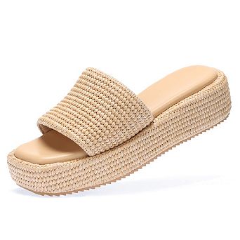 Women Raffia Espadrille Slides Woven Straw Flatform Beach Slip On Summer Shoes
