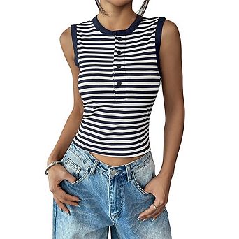 Women's Casual Ribbed Tank Tops Summer Striped Sleeveless Tee Shirts Trendy Clothes