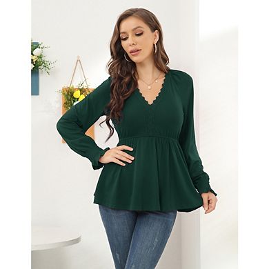 Women's Casual V Neck Lace Tunic Shirt Solid Color High Waist Lantern Sleeve Tops