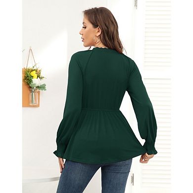 Women's Casual V Neck Lace Tunic Shirt Solid Color High Waist Lantern Sleeve Tops