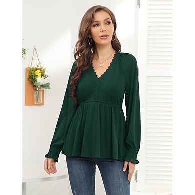 Women's Casual V Neck Lace Tunic Shirt Solid Color High Waist Lantern Sleeve Tops