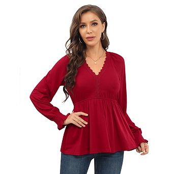 Women's Casual V Neck Lace Tunic Shirt Solid Color High Waist Lantern Sleeve Tops