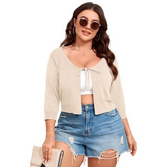 Women's V-Neck Tie Front Shrug 3/4 Sleeve Knit Cardigan Sweater Crop Top