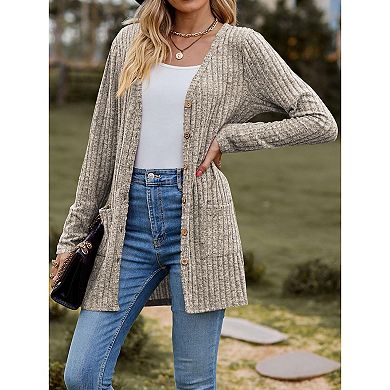 Women's Long Button Down Knit Cardigan with Pockets