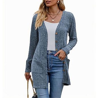 Women's Long Button Down Knit Cardigan with Pockets