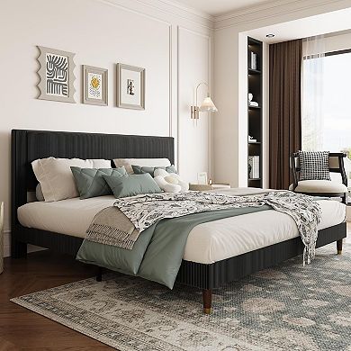 Corduroy Upholstered Platform Bed Frame with Headboard Modern Fabric, Sturdy Metal & Wooden Slats