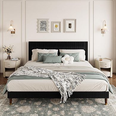 Corduroy Upholstered Platform Bed Frame with Headboard Modern Fabric, Sturdy Metal & Wooden Slats