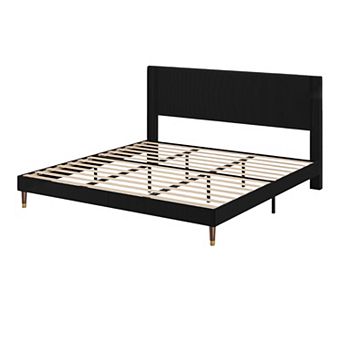 Corduroy Upholstered Platform Bed Frame with Headboard Modern Fabric, Sturdy Metal & Wooden Slats
