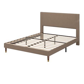 Corduroy Upholstered Platform Bed Frame with Headboard Modern Fabric, Sturdy Metal & Wooden Slats