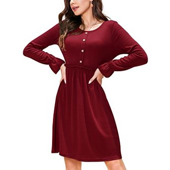 Women's Spring Long Sleeve Knit Button A Line Swing Flare Dress