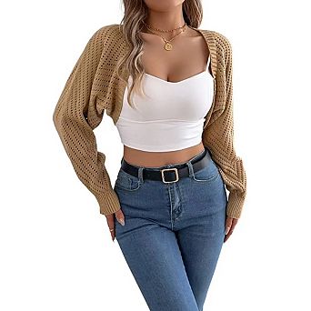Womens Open Front Cropped Bolero Shrugs Drop Shoulder Long Sleeve Loose Fit Cardigan Sweater Tops