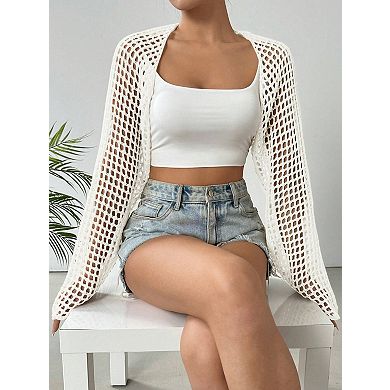 Women's Lightweight Crop Cardigan Crochet Knit Long Sleeve Summer Sweater
