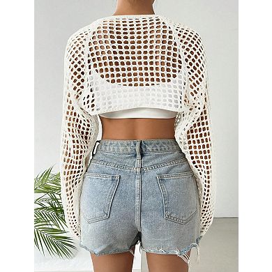 Women's Lightweight Crop Cardigan Crochet Knit Long Sleeve Summer Sweater