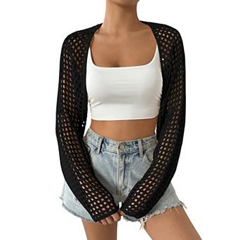 Women's Lightweight Crop Cardigan Crochet Knit Long Sleeve Summer Sweater
