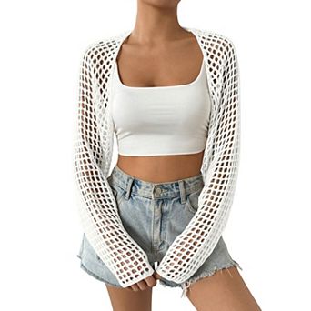 Women's Lightweight Crop Cardigan Crochet Knit Long Sleeve Summer Sweater