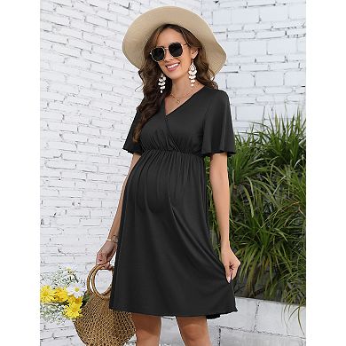 Women's Maternity Dress V Neck Short Sleeve Ruffle Midi Dress