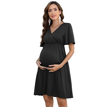 Women's Maternity Dress V Neck Short Sleeve Ruffle Midi Dress