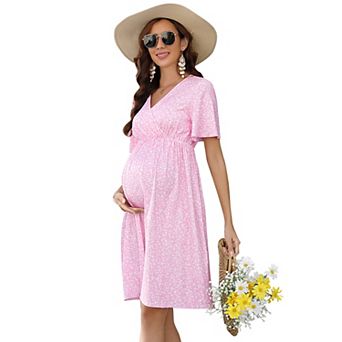 Women's Maternity Dress V Neck Short Sleeve Ruffle Midi Dress