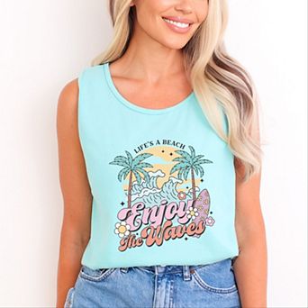 Life's A Beach Wave - Women's Garment Dyed Graphic Tank Top