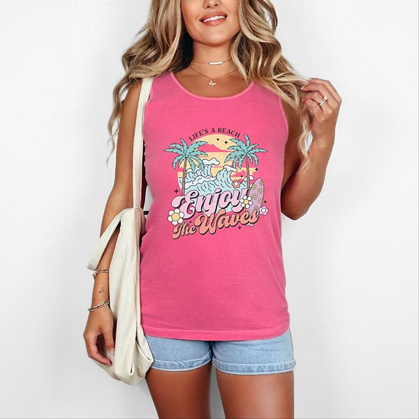 Life's A Beach Wave - Women's Garment Dyed Graphic Tank Top
