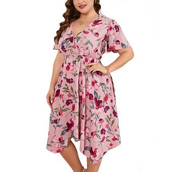 Women's Plus Size V Neck Floral Midi Dress Short Sleeve Asymmetrical Hem Casual Elegant Beach Dress