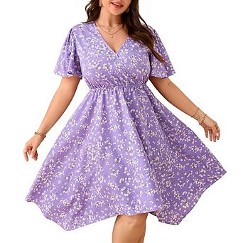 Women's Plus Size V Neck Floral Midi Dress Short Sleeve Asymmetrical Hem Casual Elegant Beach Dress