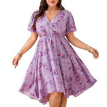 Women's Plus Size V Neck Floral Midi Dress Short Sleeve Asymmetrical Hem Casual Elegant Beach Dress