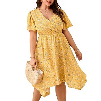 Women's Plus Size V Neck Floral Midi Dress Short Sleeve Asymmetrical Hem Casual Elegant Beach Dress