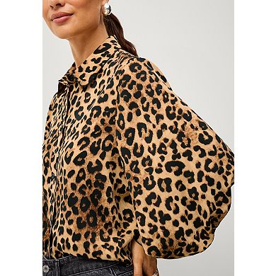 Ellos Plus Size Cropped Oversized Blouson Sleeve Button Front Blouse