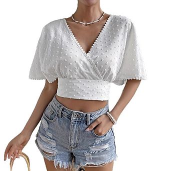 Women's Casual V Neck High Waist Back Tie Blouse Top Lace Flutter Short Sleeve Top Dot Cropped shirt
