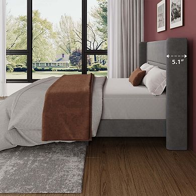 Velvet Upholstered Wingback Bed Frame with 41.1" Headboard, Slats Included, No Box Spring Required