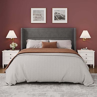 Velvet Upholstered Wingback Bed Frame with 41.1" Headboard, Slats Included, No Box Spring Required