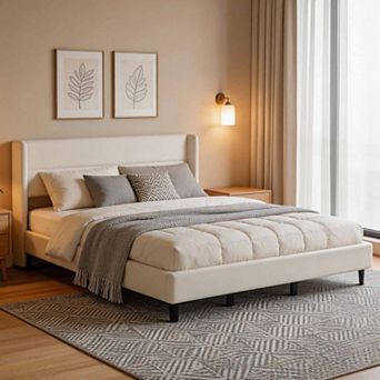Velvet Upholstered Wingback Bed Frame with 41.1" Headboard, Slats Included, No Box Spring Required
