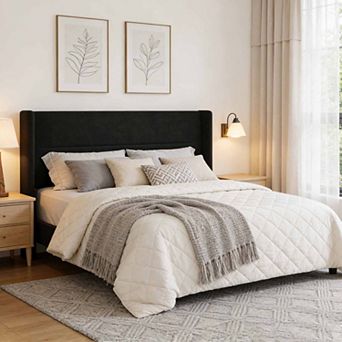 Velvet Upholstered Wingback Bed Frame with 41.1" Headboard, Slats Included, No Box Spring Required