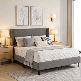 Velvet Upholstered Wingback Bed Frame with 41.1" Headboard, Slats Included, No Box Spring Required