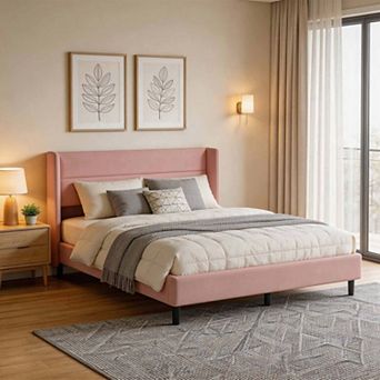 Velvet Upholstered Wingback Bed Frame with 41.1" Headboard, Slats Included, No Box Spring Required