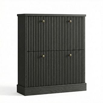 Shoe Cabinet with 2 Flip Drawers, Wooden Fluted Narrow Storage for Entryway, Hallway, Living Room