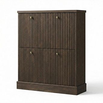 Shoe Cabinet with 2 Flip Drawers, Wooden Fluted Narrow Storage for Entryway, Hallway, Living Room