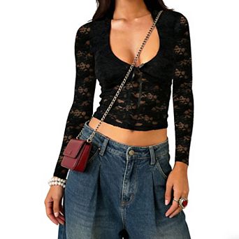 Women's Floral Lace V-Neck Crop Top - Long Sleeve Sheer Bow Tie Going Out Shirt