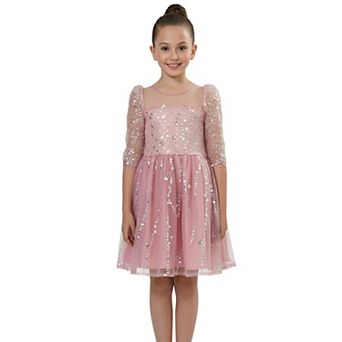 2Bunnies Girls Dusty Pink Long Sleeve Beaded Sequin Tulle Mesh Holiday Party Dress