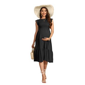 Women's Maternity Casual Loose Plain Maxi Sundress Smocked Tank Dress Beach Tiered Long Dresses