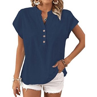 Women's Vintage Cotton Linen Henley Blouse V Neck Button Down Short Sleeve Casual Summer Tops