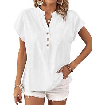 Women's Vintage Cotton Linen Henley Blouse V Neck Button Down Short Sleeve Casual Summer Tops