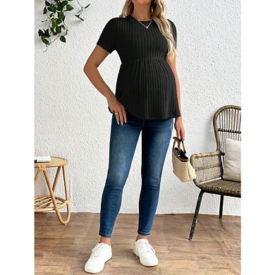 Women's Maternity Ruffle Hem Short Sleeve Crewneck Ribbed Knit Peplum Tee Tops
