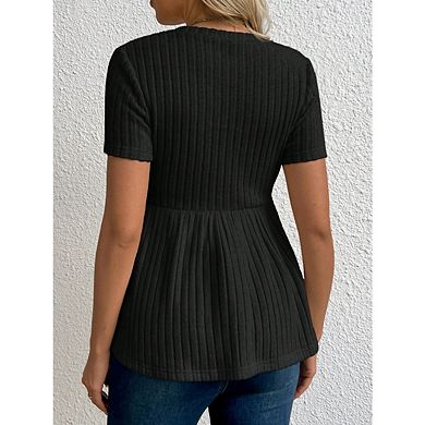 Women's Maternity Ruffle Hem Short Sleeve Crewneck Ribbed Knit Peplum Tee Tops