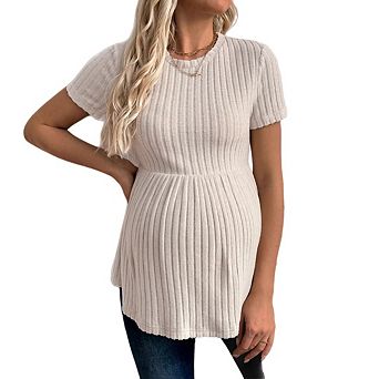 Women's Maternity Ruffle Hem Short Sleeve Crewneck Ribbed Knit Peplum Tee Tops