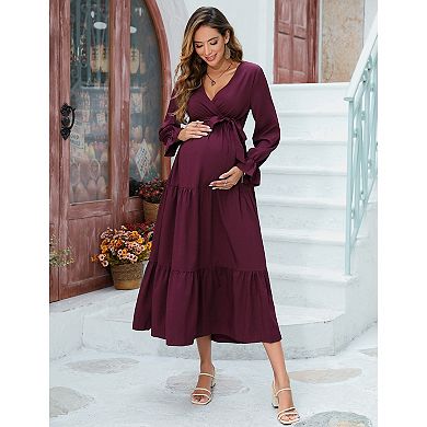 Women's Long Sleeve Wrap V Neck Boho Dress Ruffle Flowy Maxi Vacation Maternity Dresses